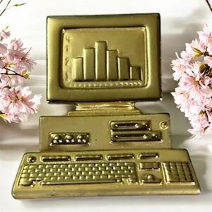 Vintage AJC Home Computer PC Figural Gold Tone  Brooch 2 inches